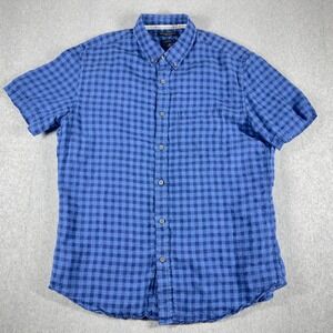 Banana Republic Camden Linen Shirt Men's M Classic Short Sleeve Blue Plaid
